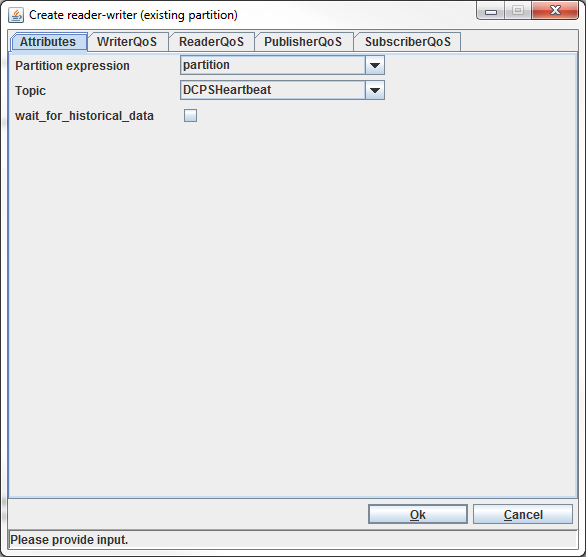 Create Reader-Writer (existing partition) dialog