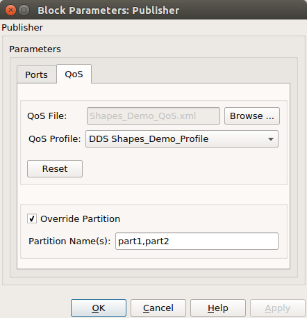 Publisher Block Parameters : Override Partition QoS
