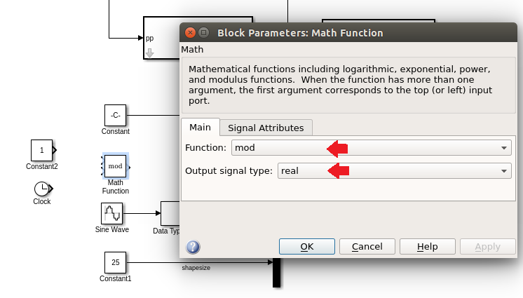 Math Function Block Parameters
