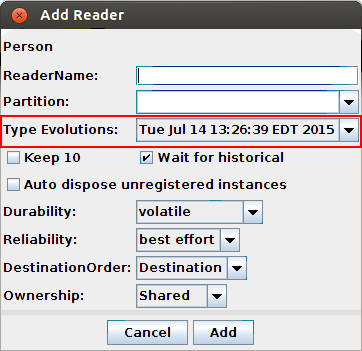 Add Reader dialog with type evolution chooser